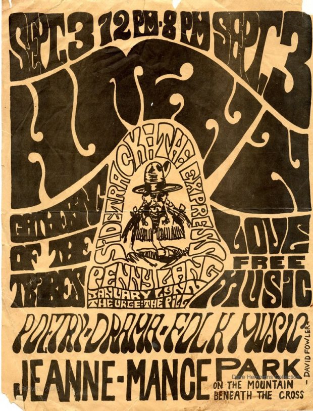 A highly stylized psychedelic poster in black and white printed on pale yellow paper.