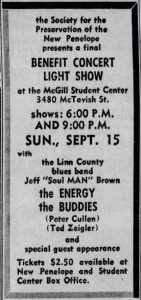 Black and white newspaper ad advertising a benefit concert for The New Penelope held at the McGill Student Center.