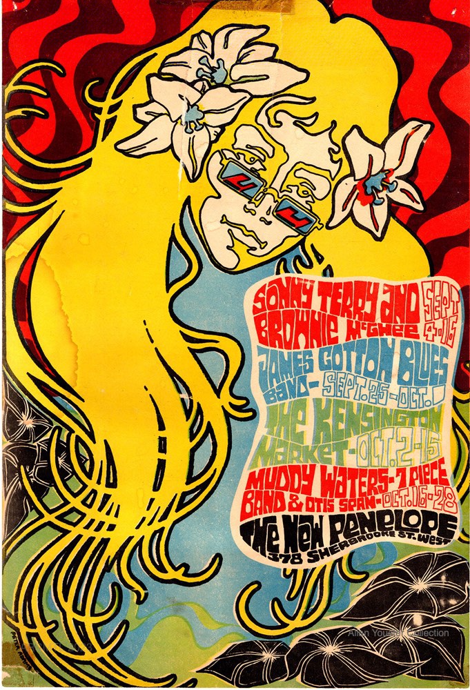 A colourful poster advertising concerts at The New Penelope in a very psychedelic style, with a stylized image of a young woman with flowers in her very long blond hair and wearing sunglasses on wavy black and red background