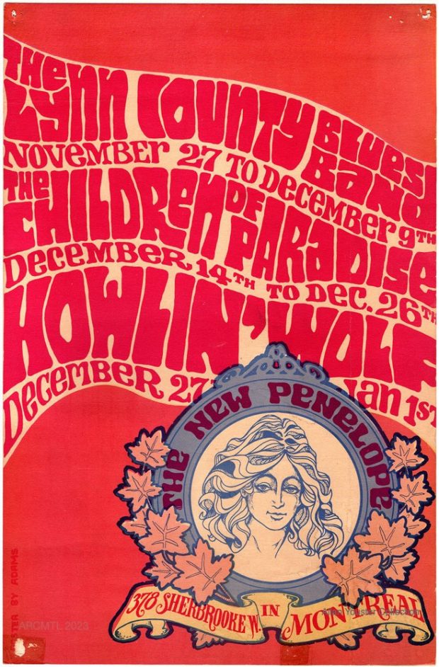 An image of a bright orange coloured poster advertising concerts at The New Penelope with the text rendered in a psychedelic style, curving across the poster above a small cameo illustration of the Greek goddess Penelope