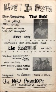 A black and white legal-sized sheet with handwritten text promoting concerts at The New Penelope, along with images of Tim Rose and the James Cotton Blues Band