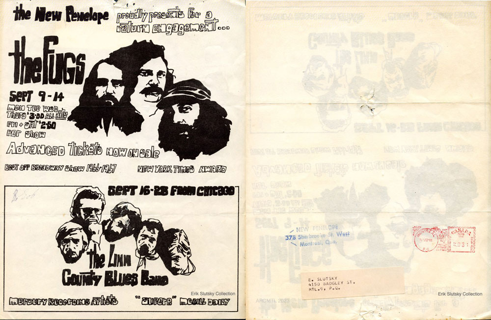 An image that shows both sides of a two-sided sheet with black and white advertisements for concerts by The Fugs and The Linn County Blues Band at The New Penelope on one side, and a blank sheet with a mailing label, return address and a postage marking in red ink on the other side