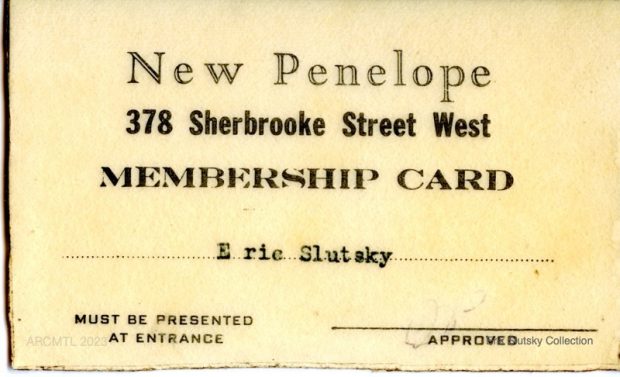 An image of a business-card sized membership card for The New Penelope that appears yellowed with age. The name Erik Slutsky is typed out by hand on the card