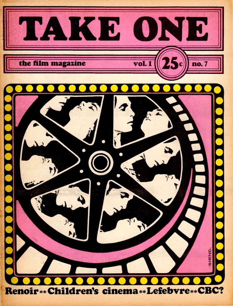 Front cover of issue no. 7 of the Take One film magazine featuring the magazine title and a black and white graphic of a film reel with a romantic couple in profile embedded within it, with bright pink and yellow backgrounds