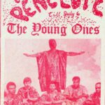 Publicité pour un concert des Young Ones au New Penelope, imprimée à l'encre rose sur papier blanc, représentant les membres du groupe assis et en train de prier, l'un d'entre eux se tenant debout à l'arrière-plan, les bras tendus. Court texte sous l'image au bas de la publicité