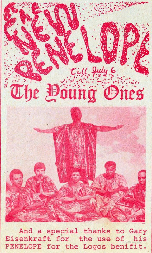 Advertisement for a Young Ones concert at The New Penelope printed in pink ink on white paper, featuring image of the band members seated and praying, one standing in the background with arms outstretched. Text at the bottom.