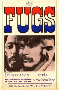 Colour flyer advertising a Fugs concert at The New Penelope, large title with red, white, and blue stripes, followed by black and white close up photo of the band members' faces. Details are printed in purple text at the bottom.