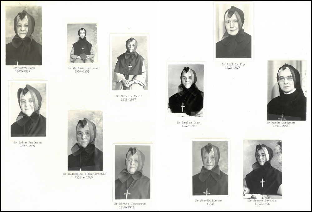 Montage of several portraits of women in religious attire. Their names and the duration of their tenure as director are indicated. In order, they are: Sr Saint-Roch, 1927-1932; Sr Martine Leclerc, 1932-1935; Sr Mélanie Nault, 1935-1937; Sr Irène Papineau, 1937-1939; Sr S. Jean de l’Eucharistie, 1939-1940; Sr Berthe Jeannotte, 1940-1942; Sr Aldérie Roy, 1942-1947; Sr Imelda Dion, 1947-1951; Sr Marie Carignan, 1951-1952; Sr Ste-Émilienne, 1952; Sr Jeanne Savaria, 1952-1956.