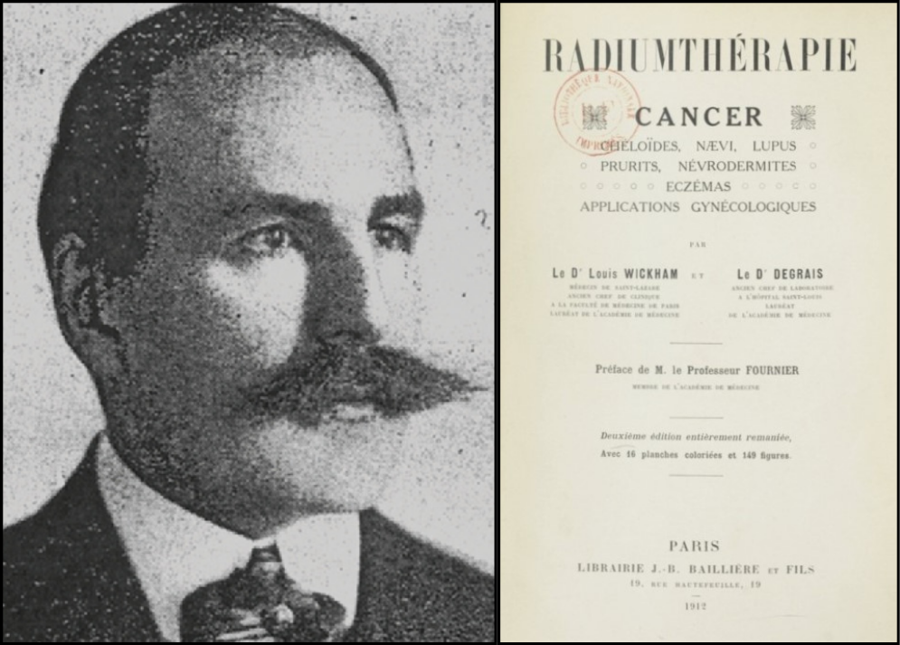 Montage of two images. On the left, a black and white photograph of a man with a full mustache. On the right, the cover page of a medical book.