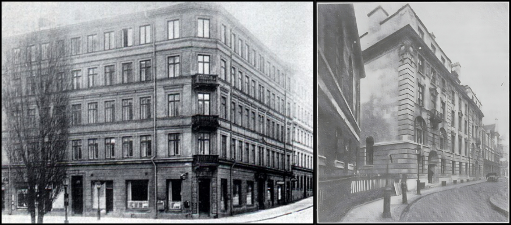 Montage of two black and white photographs. On the left is a five-story corner apartment building. On the right is a large four-story urban residence located on a small street.