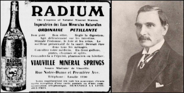 Montage of two images. On the left, a newspaper advertisement for Radium water. It states that it would be the Empress of natural mineral waters and that it possesses all sorts of curative qualities. It is sold by the company Viauville Mineral Springs. On the right, a black and white photograph of a man dressed in a three-piece suit.