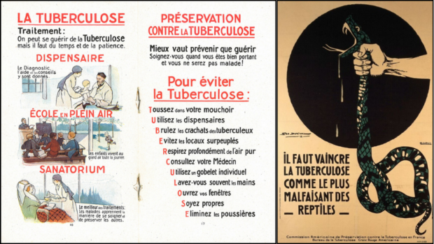 Montage of two images. On the left, a handwritten document accompanied by three images. It explains the main recommendations for preventing and treating tuberculosis. On the right, a propaganda poster showing a hand vigorously grabbing a venomous snake. A slogan is added to the illustration: Tuberculosis must be conquered like the most harmful of reptiles.