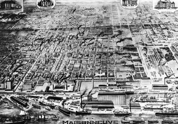 Black and white pictorial representation of a bird's eye view presenting a summary plan of a neighborhood. It includes streets, although not named, railways, major institutional buildings, and important factories. At the top of the image, more detailed facades of important buildings such as the town hall, public baths, post office, and market are depicted. At the bottom of the image is the Saint Lawrence River, crossed by boats and factory docks.