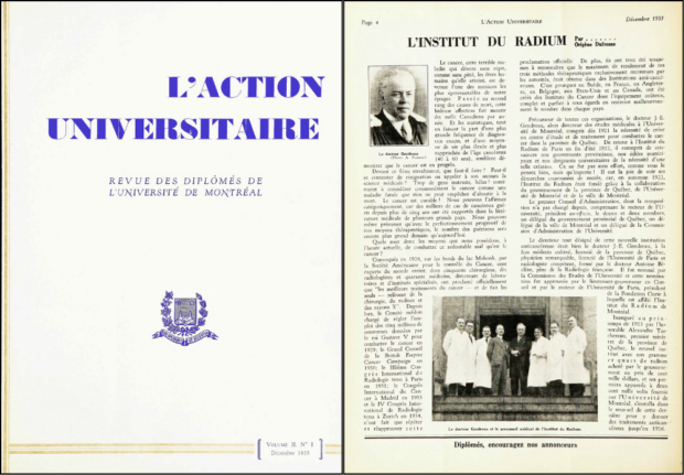 Montage of two pages from a magazine. On the left is the cover, which reads L'action universitaire - Revue des diplômés de l'Université de Montréal. On the right is an article about the Radium Institute, accompanied by photographs of men in lab coats and suits.