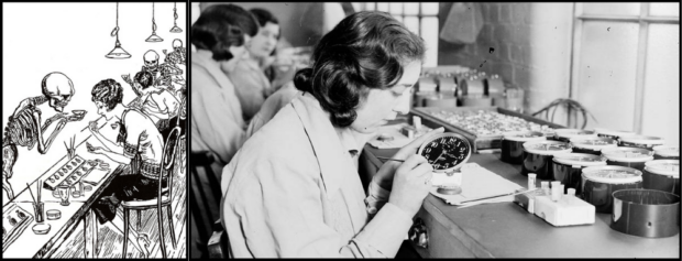 Montage of two images. On the left, a simple black and white caricature depicting workers painting radium on pocket watches. The paint pots are handed to them by skeletons placed around them, which they seem not to see. On the right, a black and white photograph of four women seated at a table, organized for assembly line work. The focus is on a woman in the foreground painting a clock face. In front of her on the table are several more clock faces to paint and assemble. In the background, three other women, not in focus, are seen with equally many clock faces on their portions of the table.