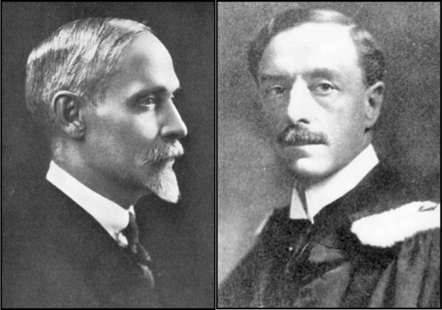 Montage of two images. On the left, a black and white profile portrait of the face of an older man with a goatee and mustache. On the right, a black and white front portrait of a man’s bust. On his shoulders, a university toga is recognizable.