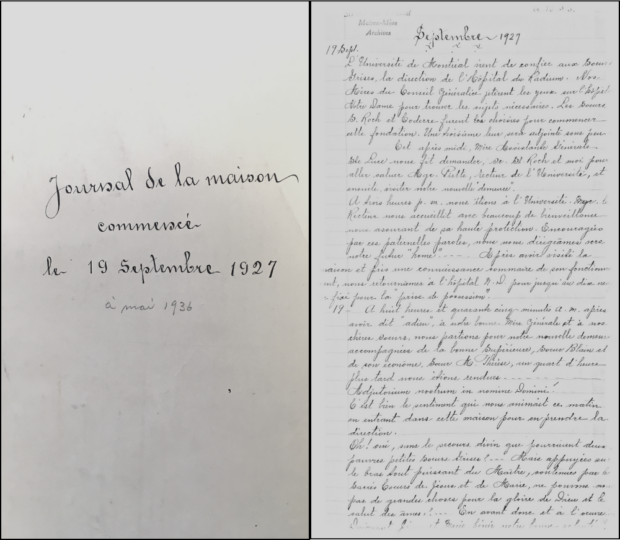 Montage of two pages from a notebook used as a journal. On the left is the cover page with handwritten ink stating Journal de la maison commencé le 19 septembre 1927. In pencil below is added à mai 1936. On the right is the first entry dated September 19, 1927.