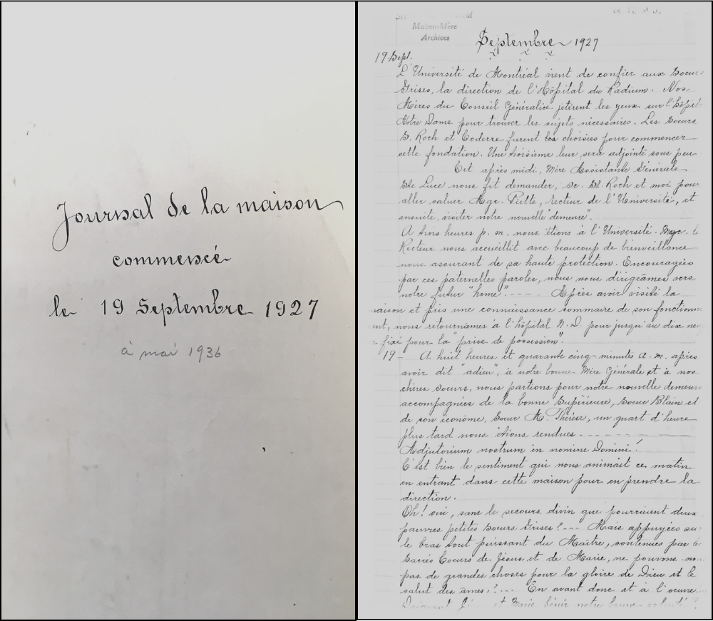 Montage of two pages from a notebook used as a journal. On the left is the cover page with handwritten ink stating "Journal de la maison commencé le 19 septembre 1927". In pencil below is added "à mai 1936". On the right is the first entry dated September 19, 1927.