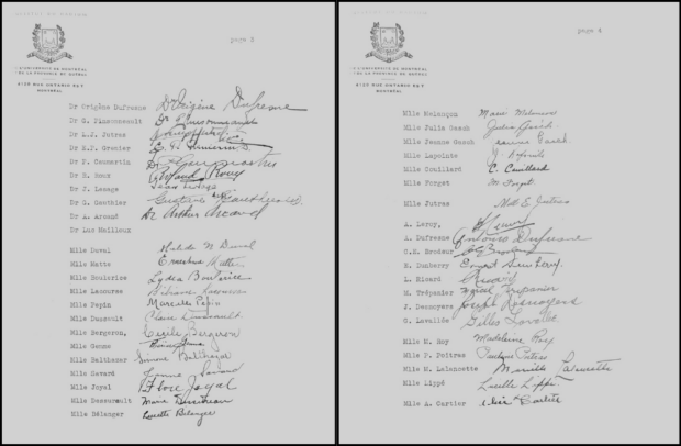 Photographic montage of two handwritten pages placed side by side. 43 names are typed, followed by 42 signatures. The majority are women: the nurses. Most are unknown, but the following doctors are recognizable : Origène Dufresne, Germain Pinsonneault, and Lorenzo Jutras.