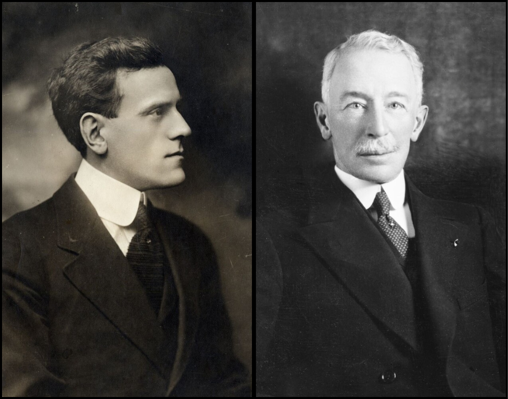 Montage of two images. On the left, a black and white photograph of a man in profile. On the right, a black and white photograph of a graying man with a mustache seen from the front. He is dressed in a three-piece suit.