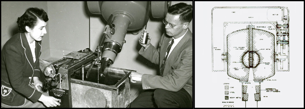 Montage of two images. On the left, a woman and a man are adjusting the placement of a large suspended telescopic machine. The two people seem to be pointing it toward a metal tank filled with water. On the right, a technical drawing in black on white. In English, the names of the parts and materials are listed. The image's resolution prevents reading the names of the parts, but the materials legend can be read: Lead; Steel; Heavy metal.