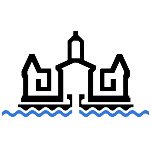 Logo of the Atelier d'histoire Mercier-Hochelaga-Maisonneuve depicting an abstract form of the Maisonneuve market in black, along with a wavy blue line representing the river.