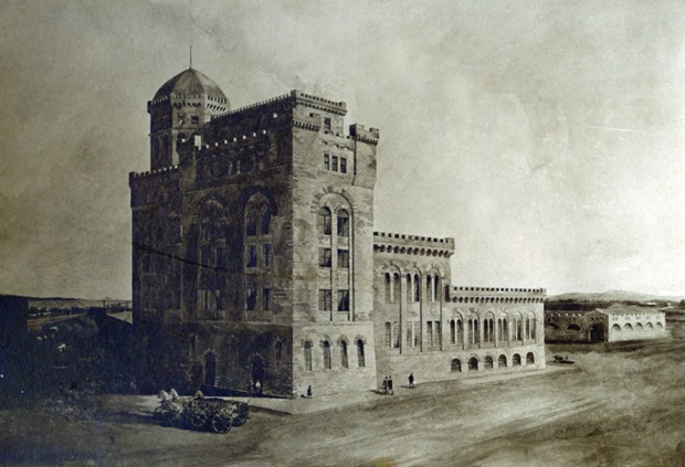 Drawing of the pulp tower with a carriage and people walking along a road in front of the tower