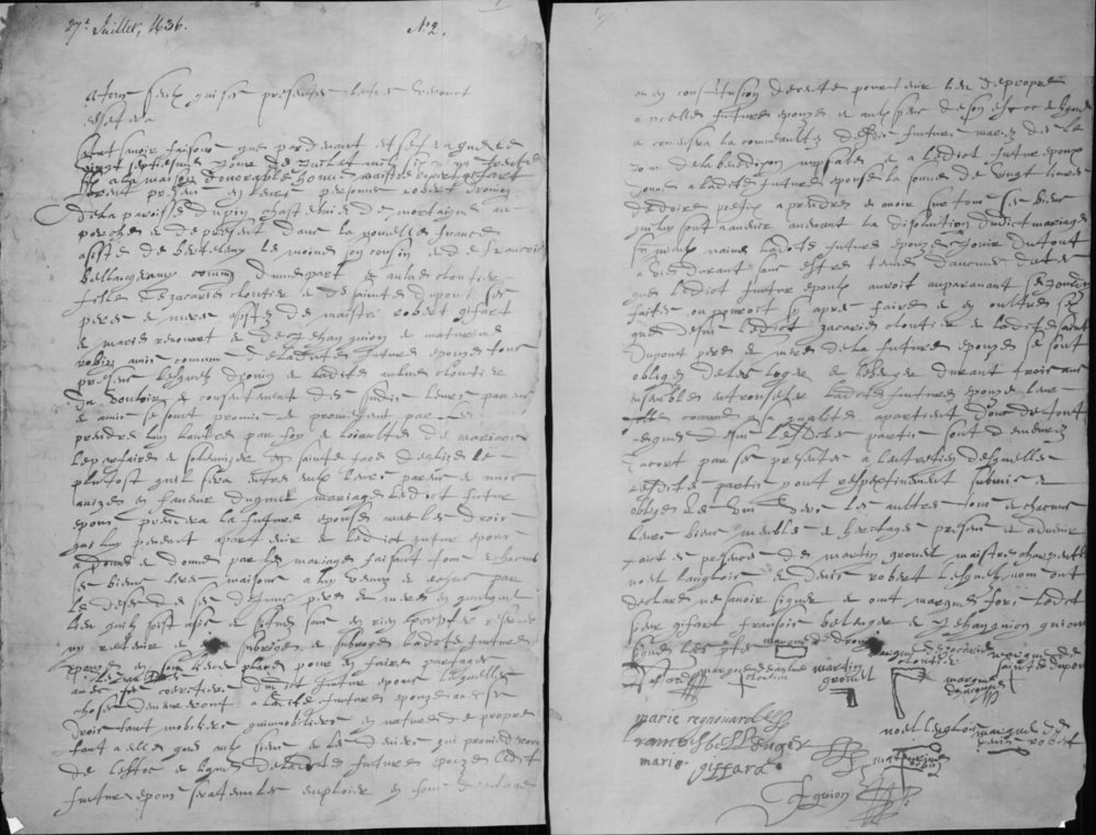Black and white archival document on two hand-penned pages describing the marriage contract between Anne Cloutier and Robert Drouin. There are several signatures and marks on the bottom of the second page.