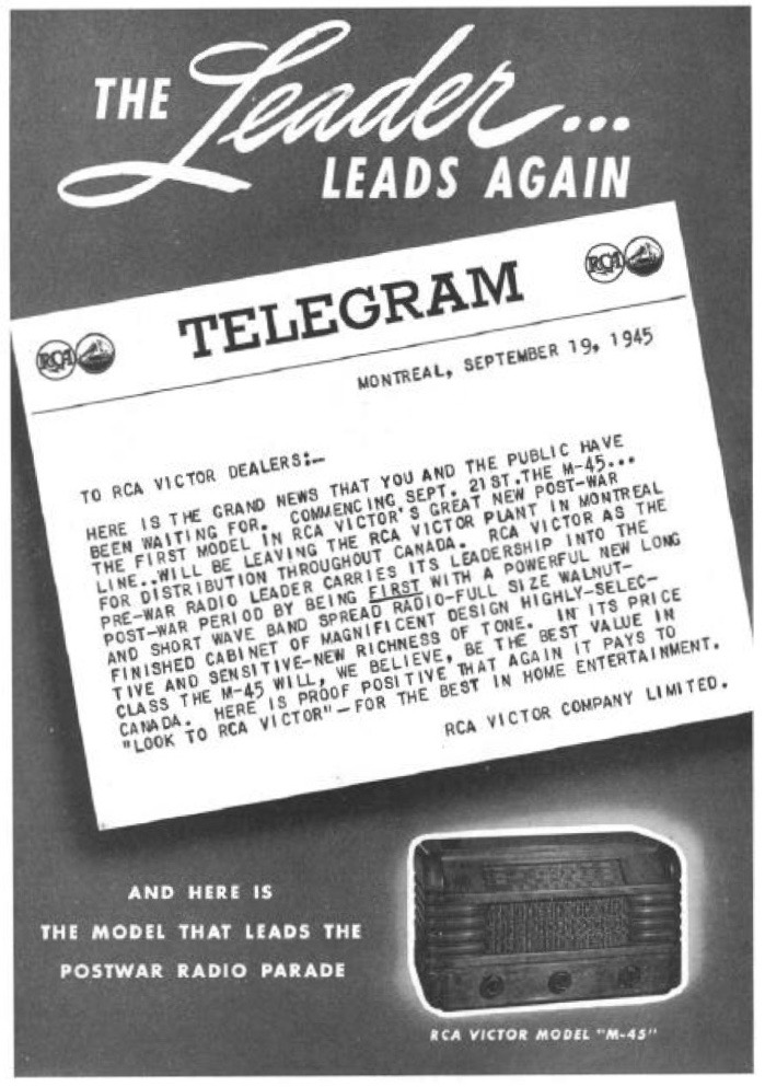 Page from Radiophilie Québec (2005) newsletter. Title: "The Leader Leads Again." A clip of a telegram in the centre advertises the RCA Victor Model M-45.