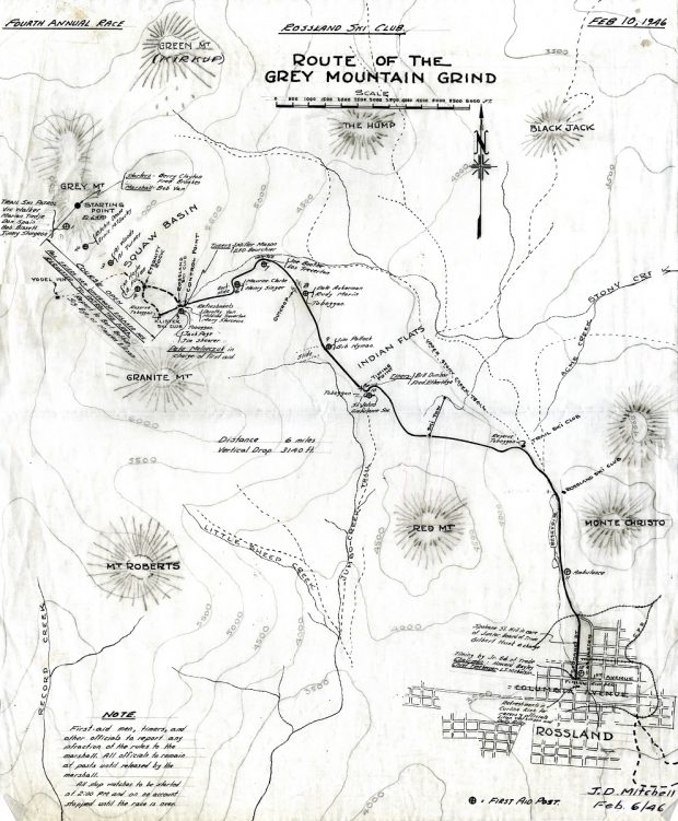 Topographical map showing the landmarks skiers pass when competing in the Grey Mountain Grind.