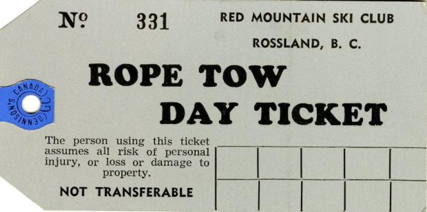 Grey rectangular Red Mountain Ski Club rope tow ticket.