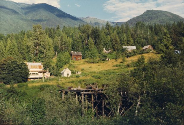 A colourful landscape photo with buildings interspersed between the greenery and trees. Mountains in the background.