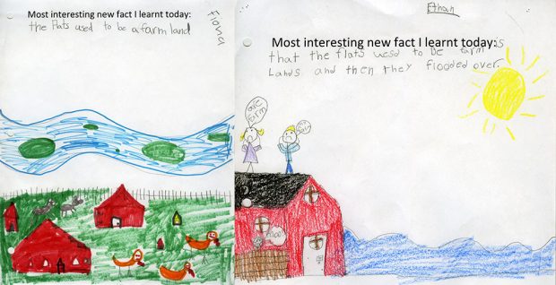 Two school-age drawings pieced together with the prompt Most interesting fact I learnt today. The left drawing is of a field with animals and buildings beside a river. The right drawing shows a farm flooding.