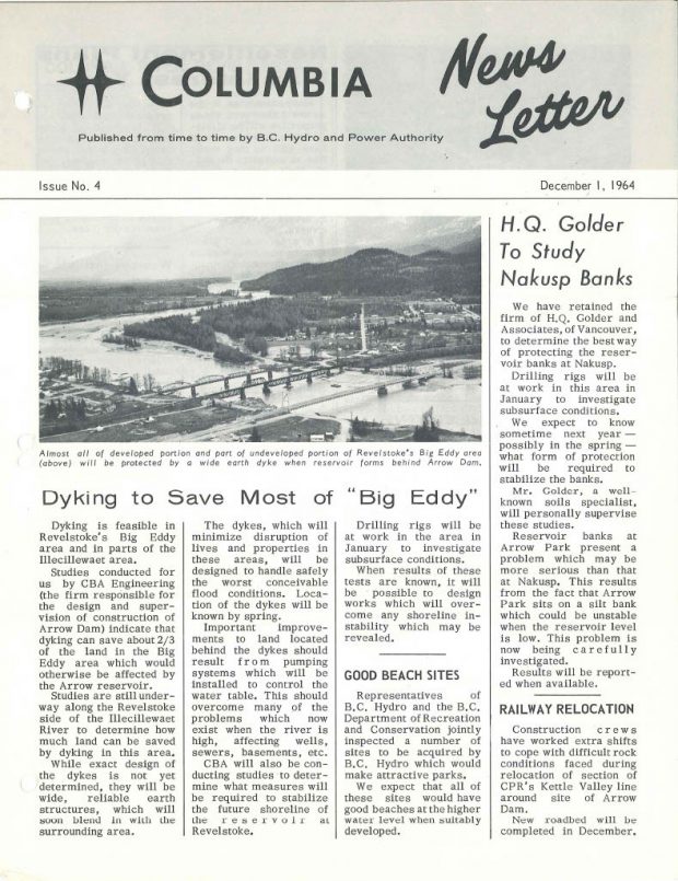 The Columbia River Newsletter Issue No. 4 from December 1, 1964. Features a photograph of Revelstoke's Big Eddy Area at the top, surrounded by news stories 'Dyking to Save Most of Big Eddy', 'H.Q. Golder to Study Nakusp Banks', 'Good Beach Sites', and 'Railway Relocation'.