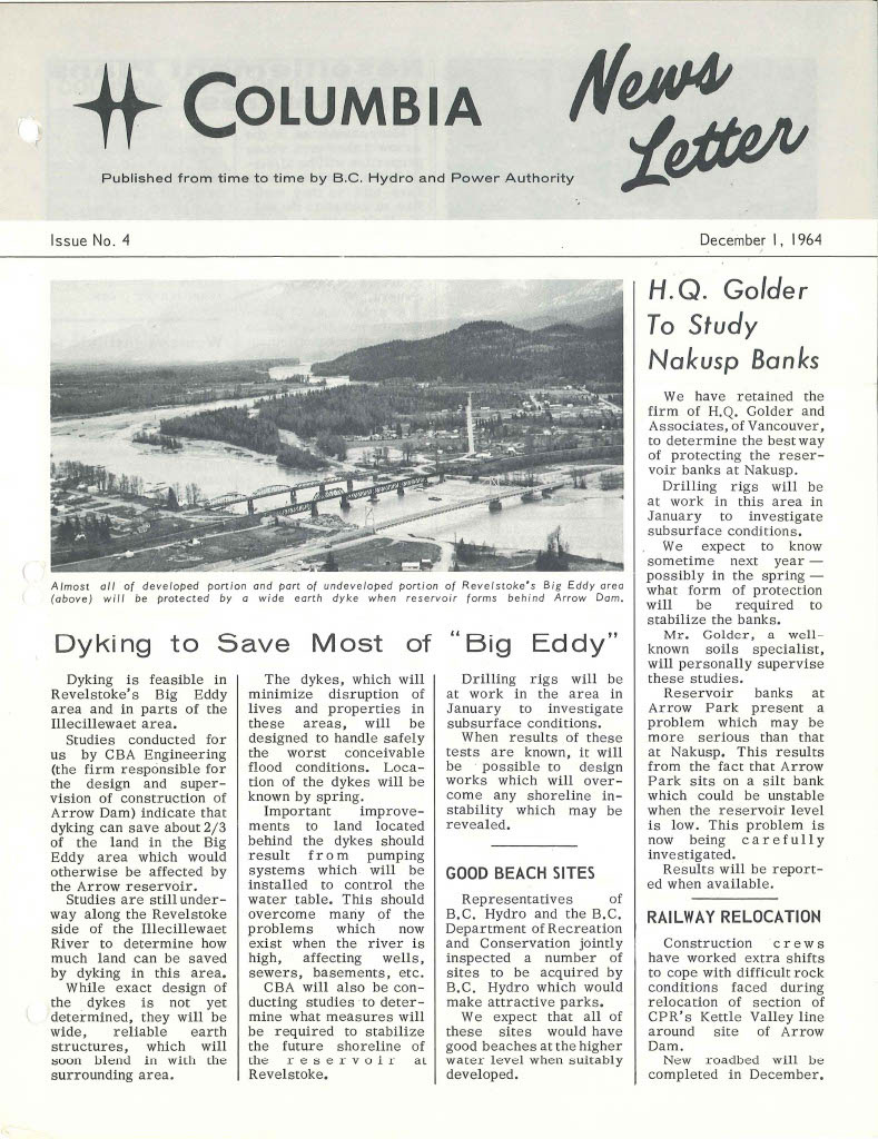 The Columbia River Newsletter Issue No. 4 from December 1, 1964. Features a photograph of Revelstoke's Big Eddy Area at the top, surrounded by news stories 'Dyking to Save Most of "Big Eddy"', 'H.Q. Golder to Study Nakusp Banks', 'Good Beach Sites', and 'Railway Relocation'.