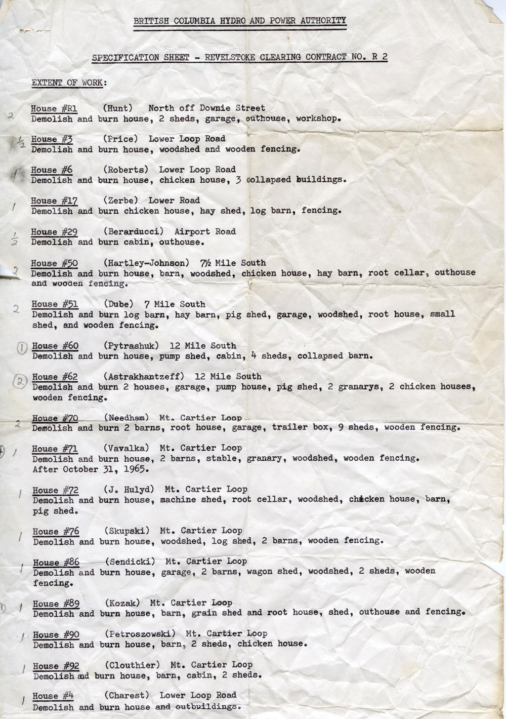 A wrinkled piece of paper of the British Columbia Hydro and Power Authority - Revelstoke Clearing Contract. Has a list of houses with the work that was done, including the demolishing and burning of buildings.