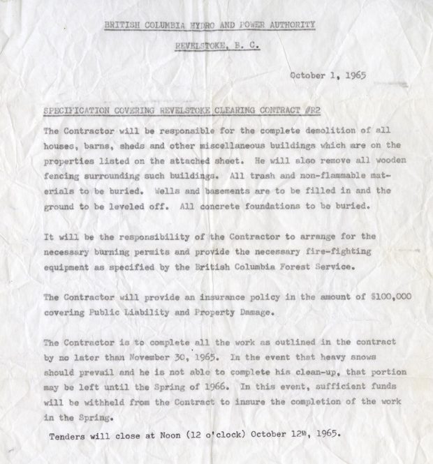 A wrinkled piece of paper of the British Columbia Hydro and Power Authority - Specification Covering Revelstoke Clearing Contract. Has paragraphs explaining the terms of the clearing and responsibilities of the contractor.