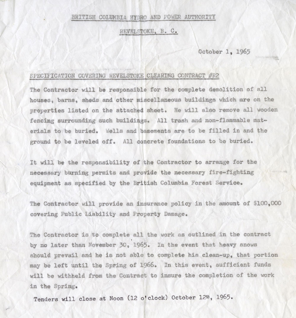 A wrinkled piece of paper of the British Columbia Hydro and Power Authority - Specification Covering Revelstoke Clearing Contract. Has paragraphs explaining the terms of the clearing and responsibilities of the contractor.