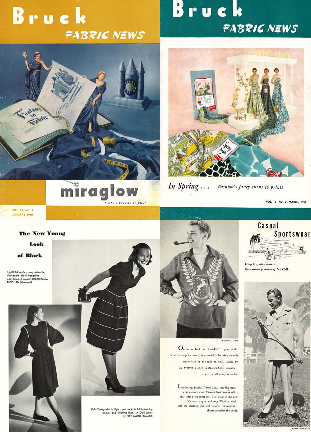 Montage of four pages of the fashion magazine Bruck Fabric News including two color cover pages and two black and white inside pages.