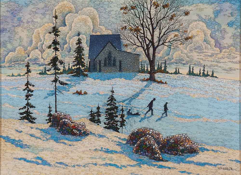 Winter landscape, at the forefront we can see a winter plain with a few trees and coloured rocks, at the top a house and its surroundings before blueish tinted clouds. In the middle right, two people are walking in the snow, one of them is pulling a sled with a third person sitting on it.