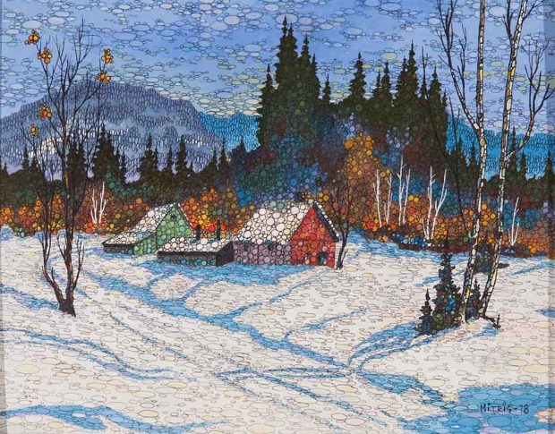 Winter landscape with a snowy plain in the foreground, in the middle of the painting is a house with its surroundings next to the forest edge with maple red colours, then green conifers with the mountainside and blue skies.