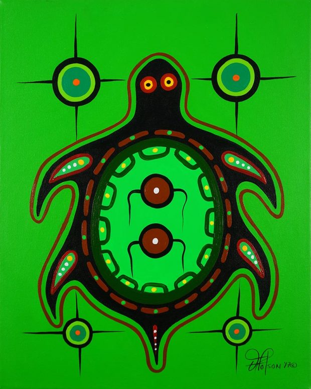 On a bright green background is traced the silhouette of a turtle in black and red viewed from the top and framed within four points of aim.