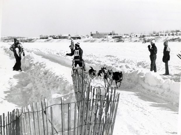 Outside view during winter. At the centre, on a snowy runway, a man in a bib with a number, on a dogsled team. People watching the race on the runway edge.