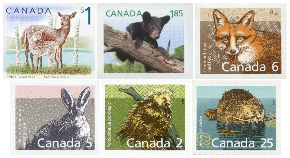 7 Small Mammal Postage Stamps, Canada, Canadian Animal, Fox, Rabbit,  Squirrel, Porcupine, Beaver, Skunk, Hare, Wildlife 