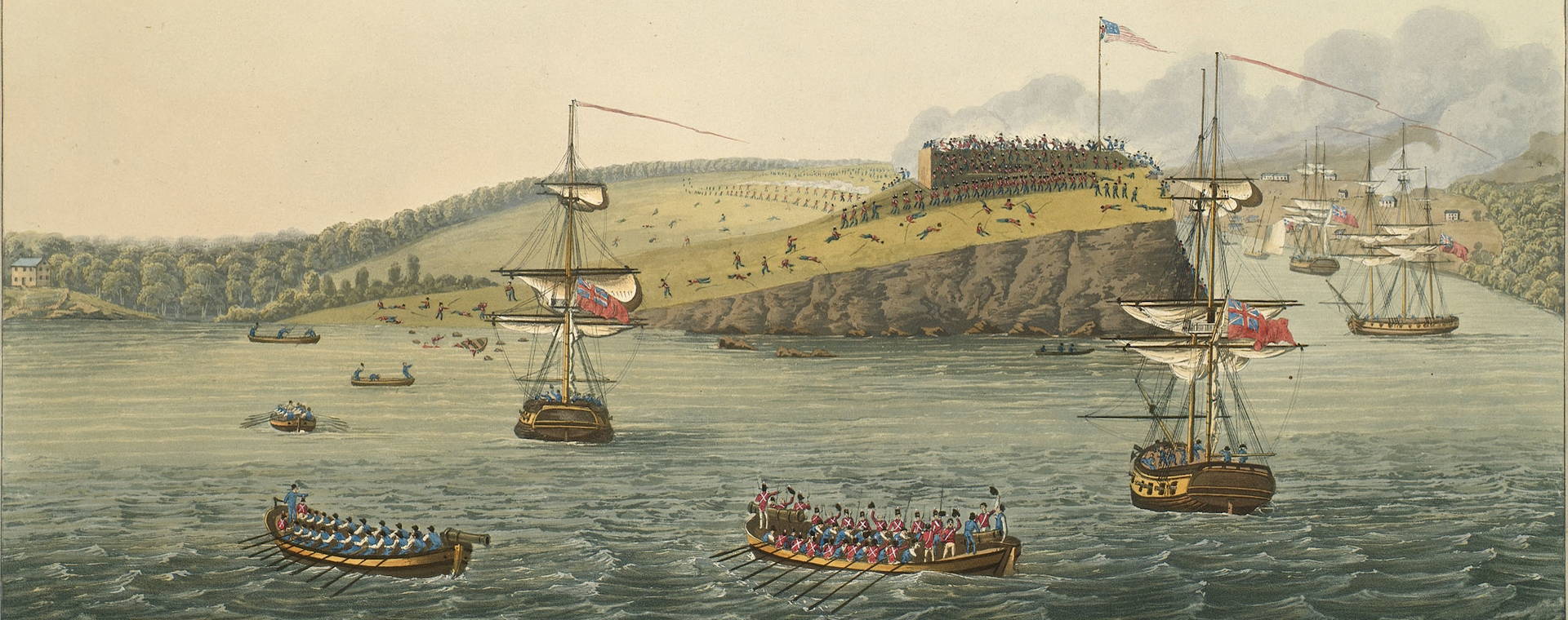 A fully coloured lithograph of an 1812 battle. The Americans put up a strong resistance and can be seen here, in a line on the slope below the fort, firing at the British troops which had just landed.