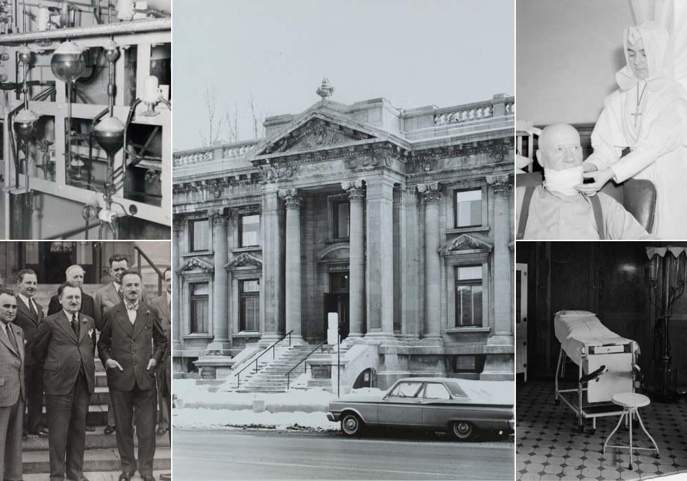 Mosaic of five black-and-white images. In the center, there is an imposing building made of gray stone. In the top left corner, there is an arrangement of glass vials and tubes. In the bottom left corner, there are nine men in suits photographed standing on a staircase. In the top right corner, a patient is having their bandage changed by a nun. In the bottom right corner, there is a hospital room with medical equipment arranged around a bed.